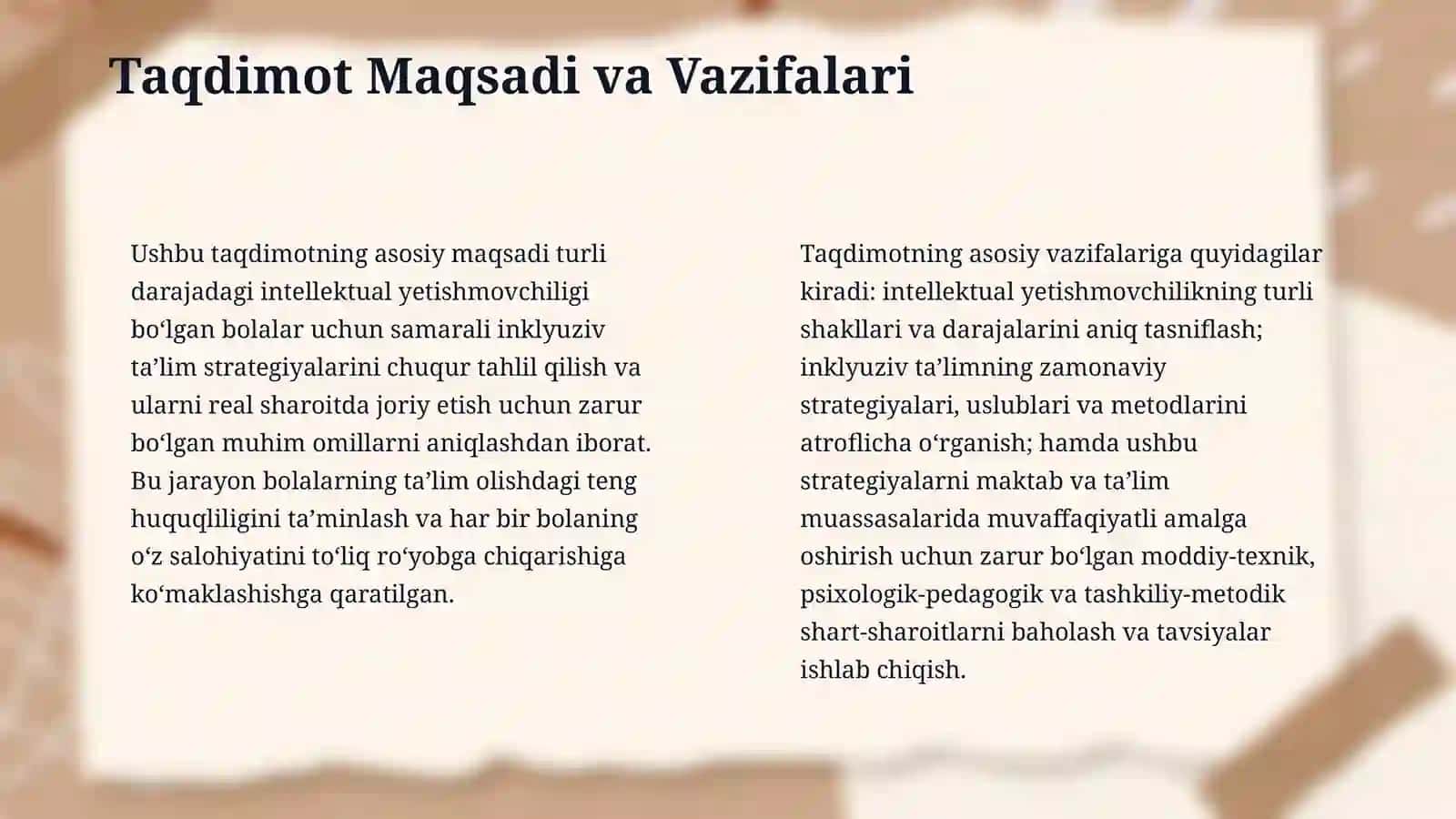 8-mavzu: Turli darajadagi intellektual yetishmovchiligi boʻlgan bolalar uchun inklyuziv ta’lim strategiyalari va ularni amalga oshirish shart-sharoitlari 4