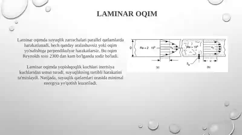 Gidrodinamika, laminar turbulentoqimlarvaReynoldssoni 4