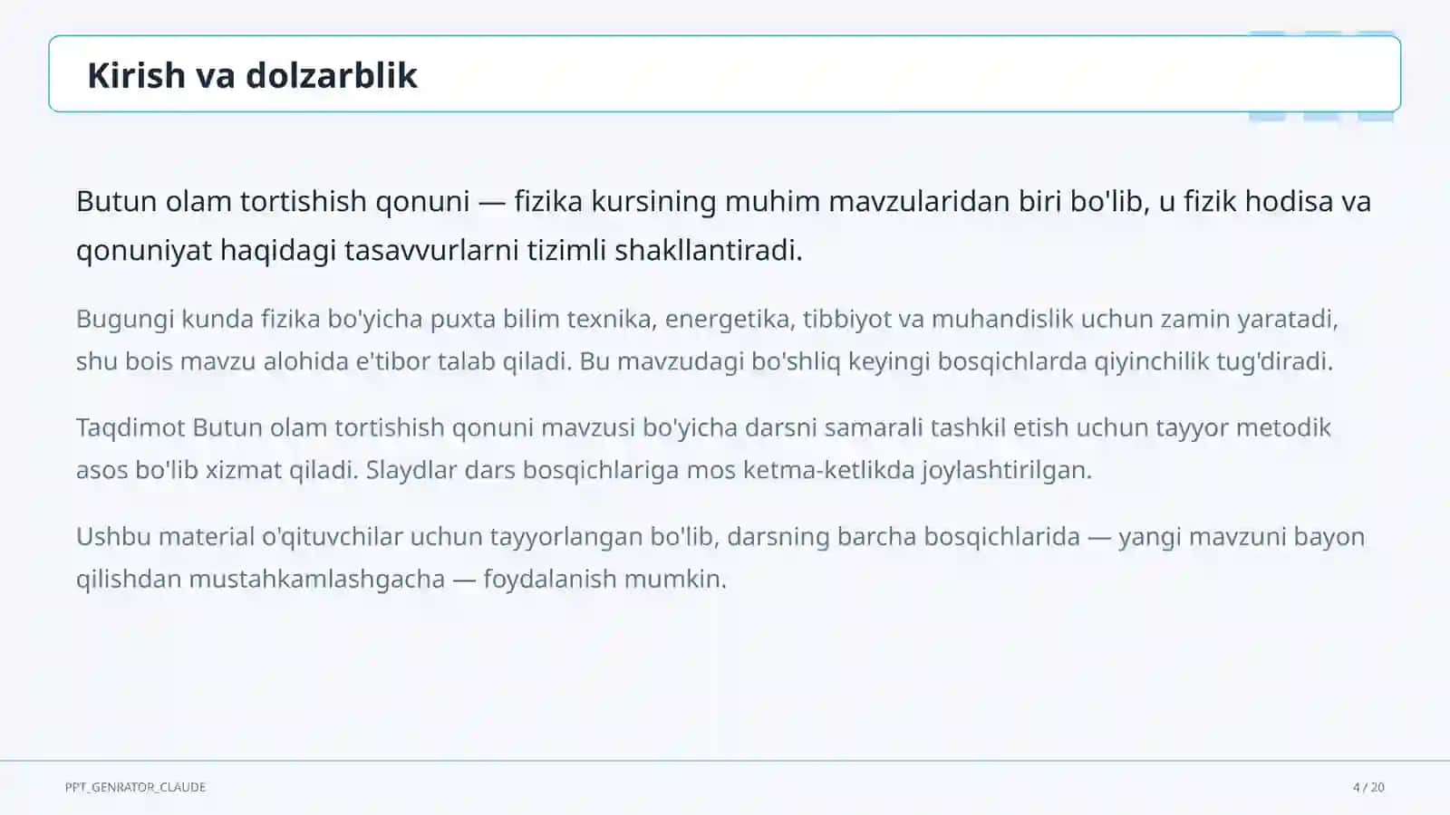 Butun olam tortishish qonuni (9-sinf) 4