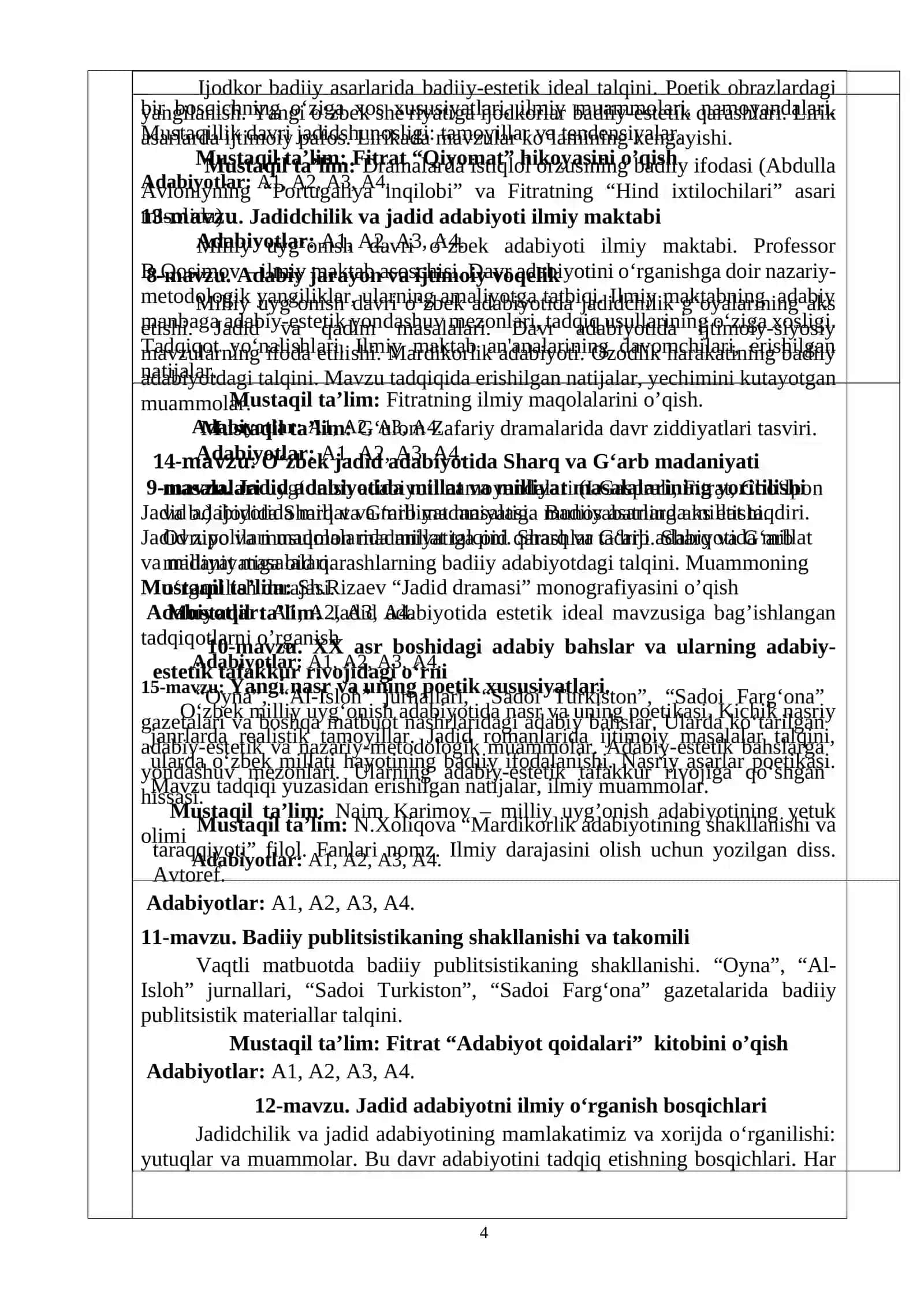 JADID ADABIYOTI TARIXI FANI O`QUV DASTURI 4