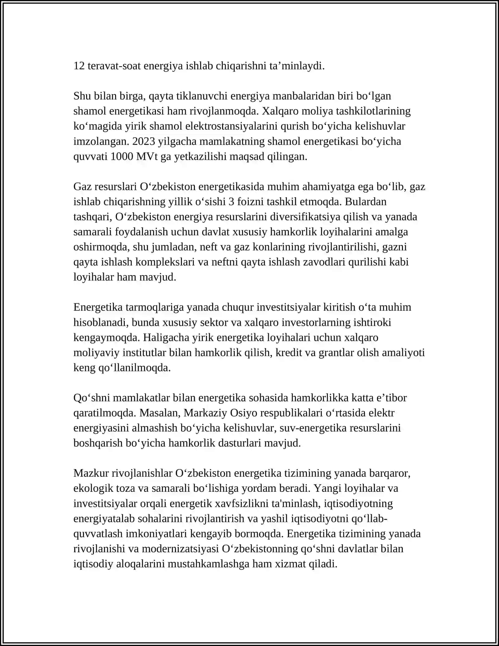 OʻZBEKISTON RESPUBLIKASI ENERGETIKA VAZIRLIGI FAOLIYATINI TASHKIL ETISH CHORA TADBIRI TOʻGʻRISIDA 2019- YIL 1- FEVRALDAGI PQ-4142 SONLI QARORINI OʻRGANISH 4
