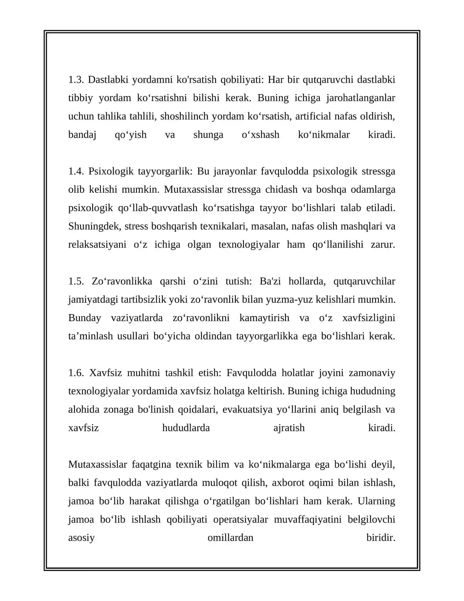 FAVQULODDA VAZIYATLARDA AVARIYA QUTQARUV ISHLARINI OLIB BORISHDA HAYOT FAOLIYATI XAVFSIZLIGI YO‘NALISHI BO‘YICHA TAYYORLANADIGAN MUTAXASSISLAR OLDIDAGI VAZIFALAR 4