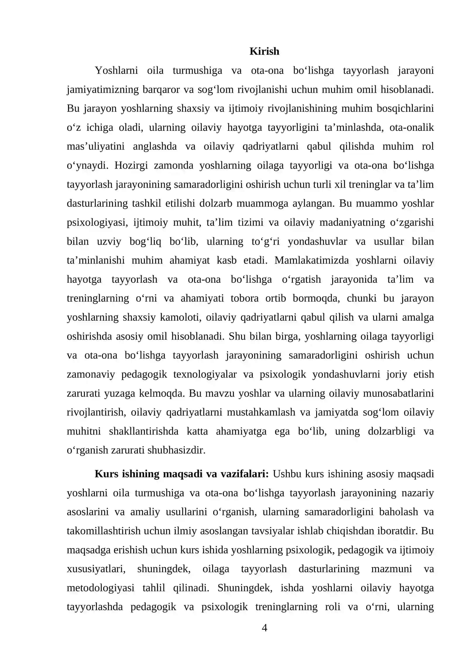 YOSHLARNI OILA TURMUSHIGA VA OTA-ONA BOʼLISHGA TAYYORLASHDA TRENINGLARNING OʻRNI 4