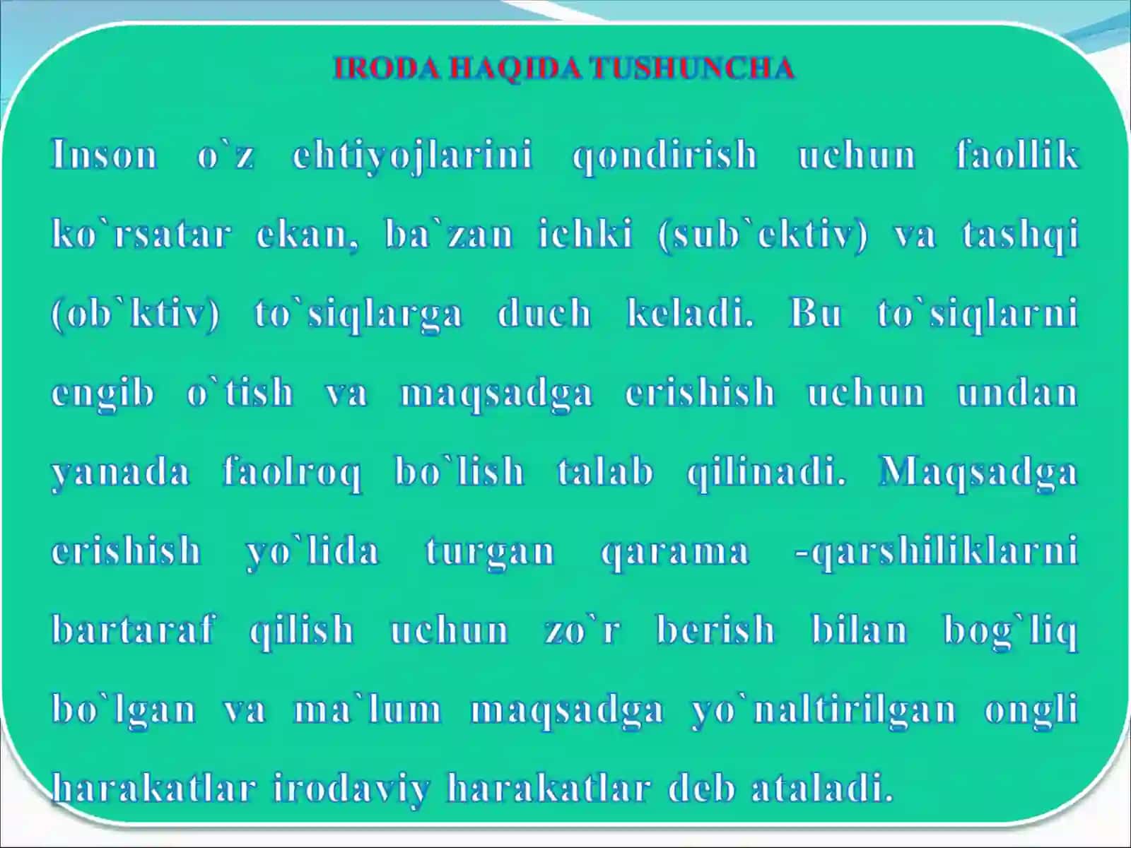 MAKTABGACHA BO`LGAN YOSHDAGI BOLANING IRODAVIY SOHASINING PSIXODIAGNOSTIKASI 4