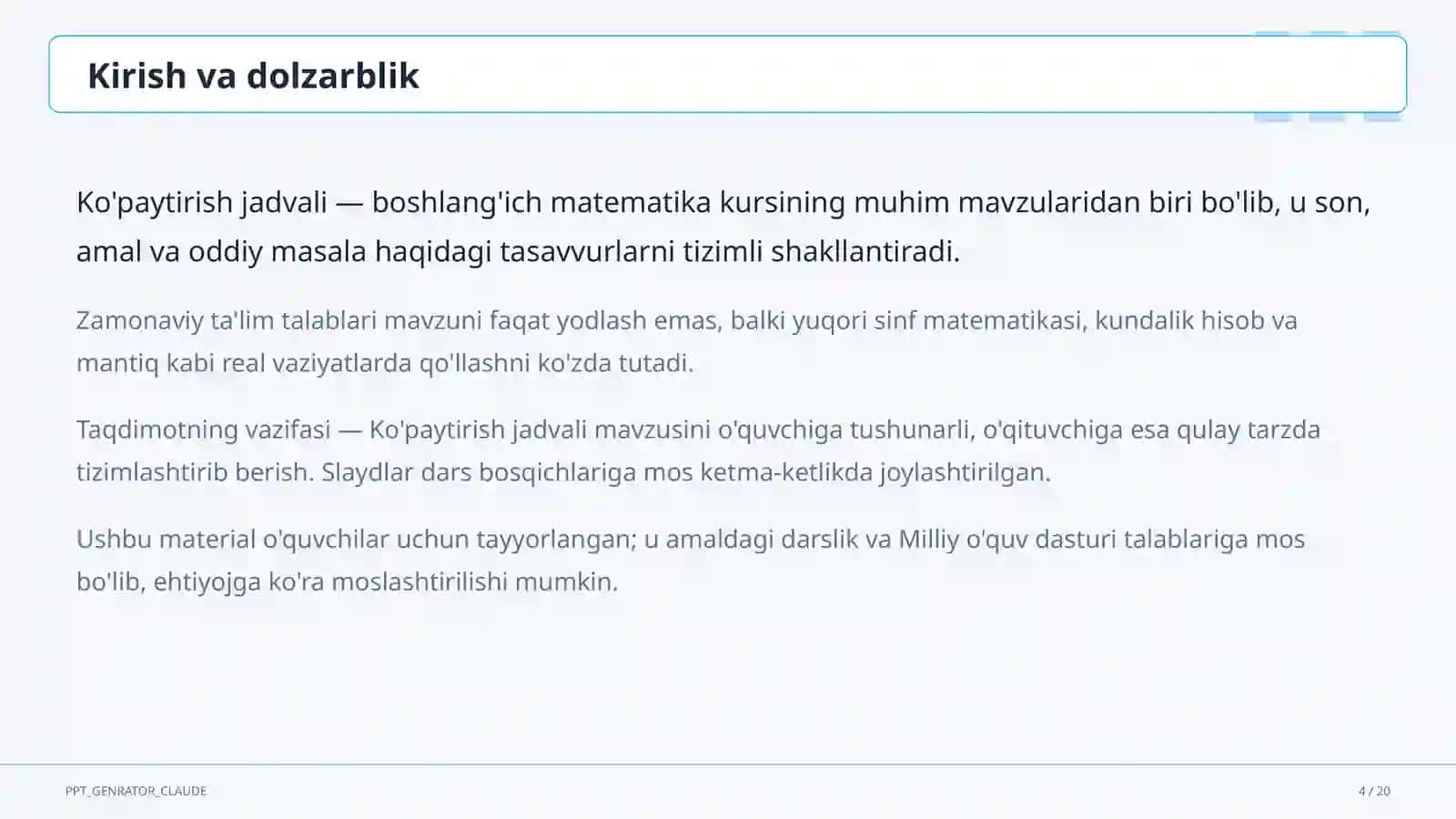 Ko'paytirish jadvali (2-sinf) 4