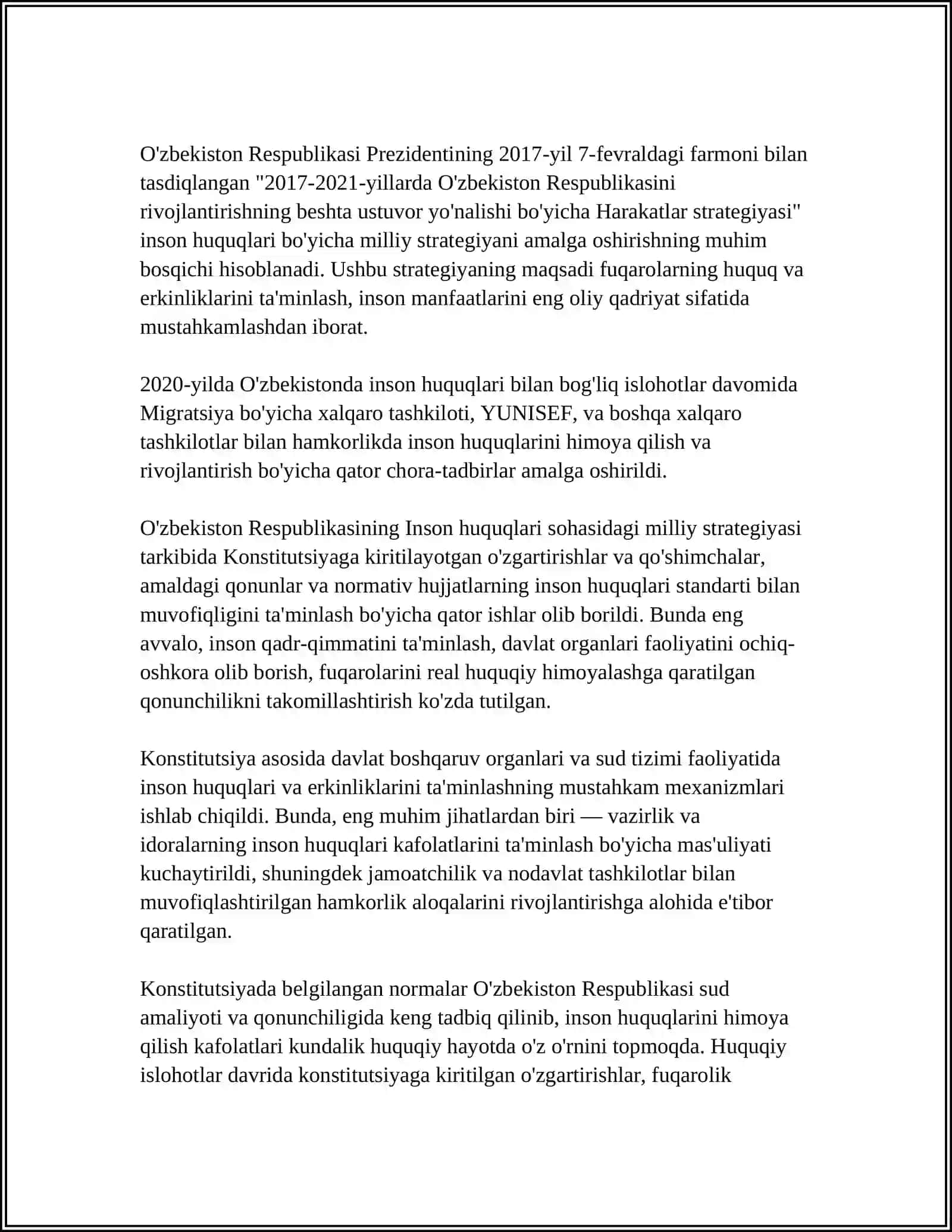 YANGI O'ZBEKISTONDA INSON HAQ XUQUQLARI VA ERKINLIKLARI KAFOLATINI YARATILISHI 4