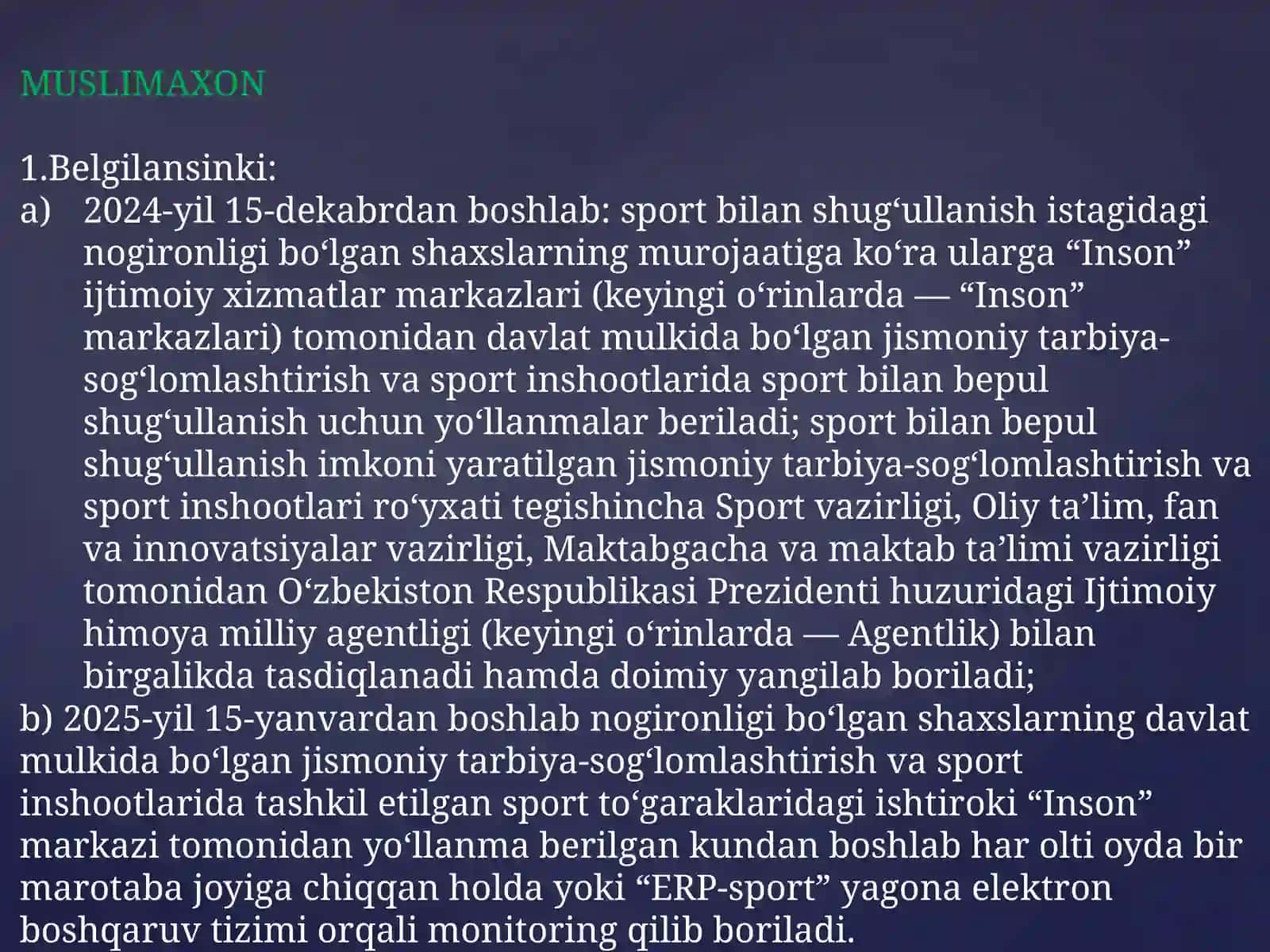 NOGIRONLIGI BO‘LGAN SHAXSLARNI SPORTGA JALB ETISH ORQALI JISMONIY REABILITATSIYA QILISH TIZIMINI TAKOMILLASHTIRISH BO‘YICHA QO‘SHIMCHA CHORA-TADBIRLAR TO‘G‘RISIDA 4