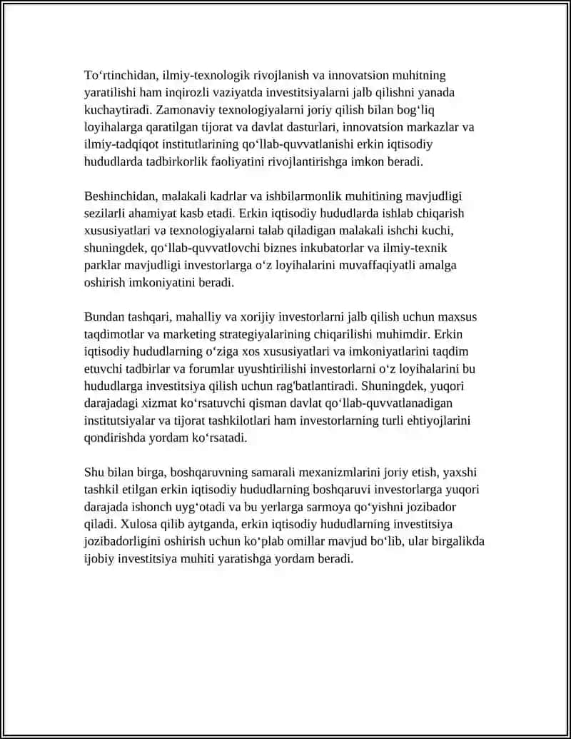 IQTISODIYOTGA INVESTITSIYA JALB ETISHDA ERKIN IQTISODIY HUDUDLARNING ORNI 4