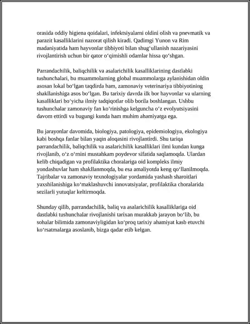 PARRANDA, BALIQ VA ASALARI KASALLIKLARI FANINING RIVOJLANISH TARIXI VA BOSHQA FANLAR BILAN ALOQASI 4