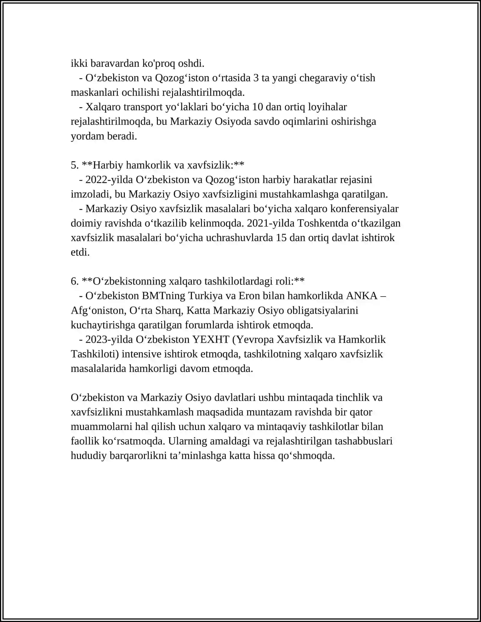 O'ZBEKISTONNING MARKAZIY OSIYODA TINCHLIK VA BARQARORLIKNI O'RNATISHDAGI O'RNI 4