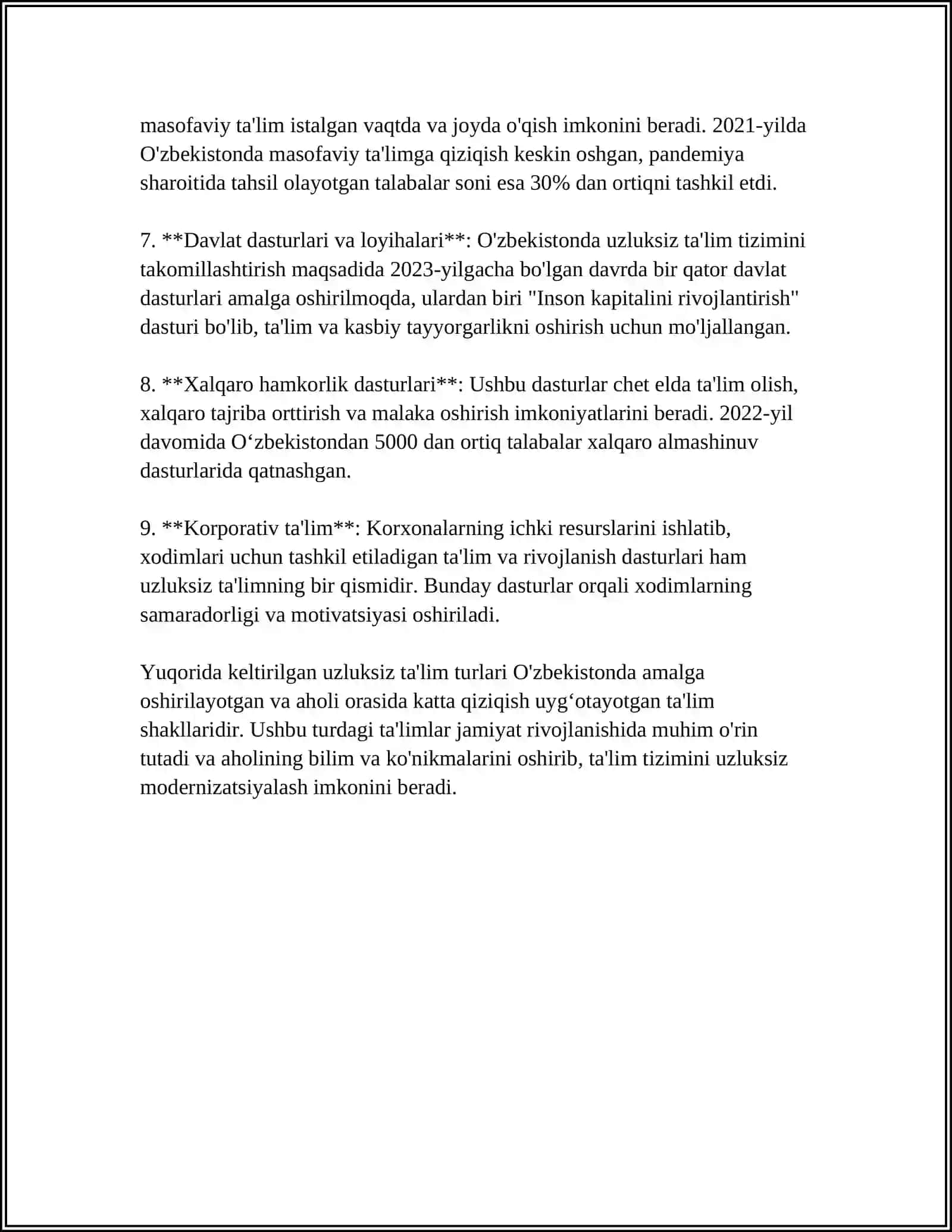 UZLUKSIZ TAʼLIM TIZIMI TURLARIDAGI TAʼLIM TARBIYA JARAYONIGA QOʻYILADIGAN TALABLARNI OʻRGANISH 4