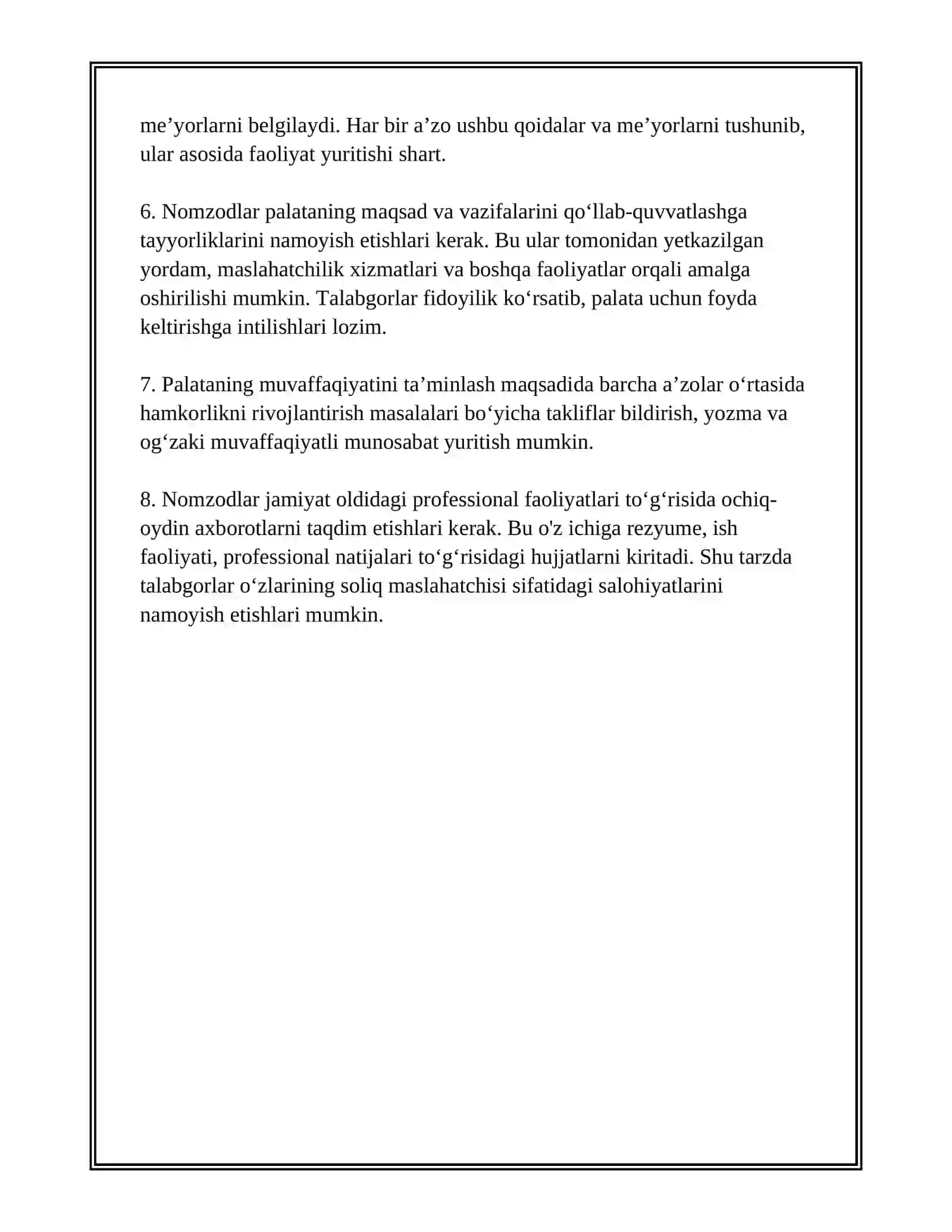 O‘ZBEKISTON SOLIQ MASLAHATCHILARI PALATASI AʼZOLIGIGA QABUL QILISH SHARTLARI, TARTIBI HAMDA AʼZOLARINING HUQUQ VA MAJBURIYATLARI 4