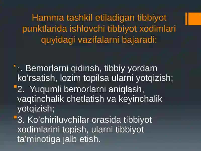 AHOLINI DUSHMАN TAJOVUZI ХАVFI PAYTIDA VA SHIKASTLANGAN AHOLINI DAVOLASH-KO’CHIRISH TIBBIY TA’MINLASH.TIBBIY MUASSASALARNI KO’CHIRISH. 4