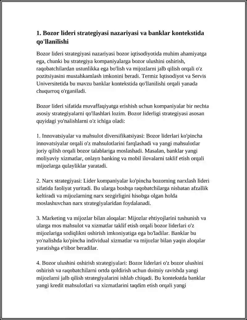 Bozor lideri strategiyasi nazariyasi va banklar kontekstida qo'llanilishi 4