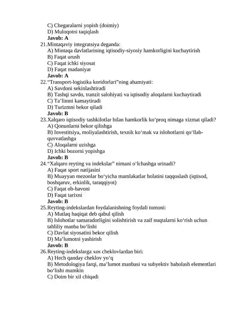 Oʻzbekistonning eng yangi tarixi 9-test 4