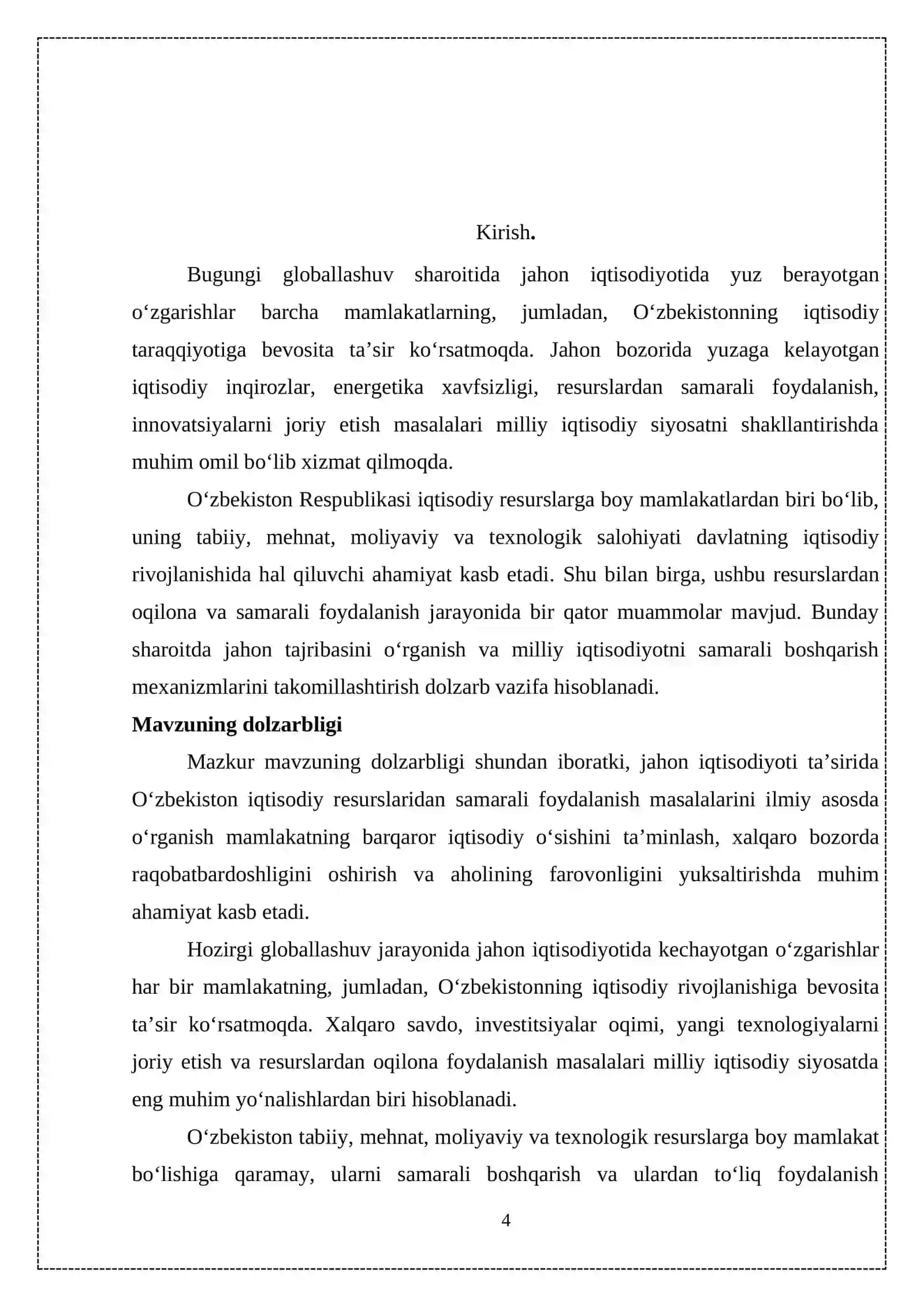 Jahon iqtisodiyoti ta’sirida O‘zbekistonning iqtisodiy resurslaridan samarali foydalanish muammolari 4
