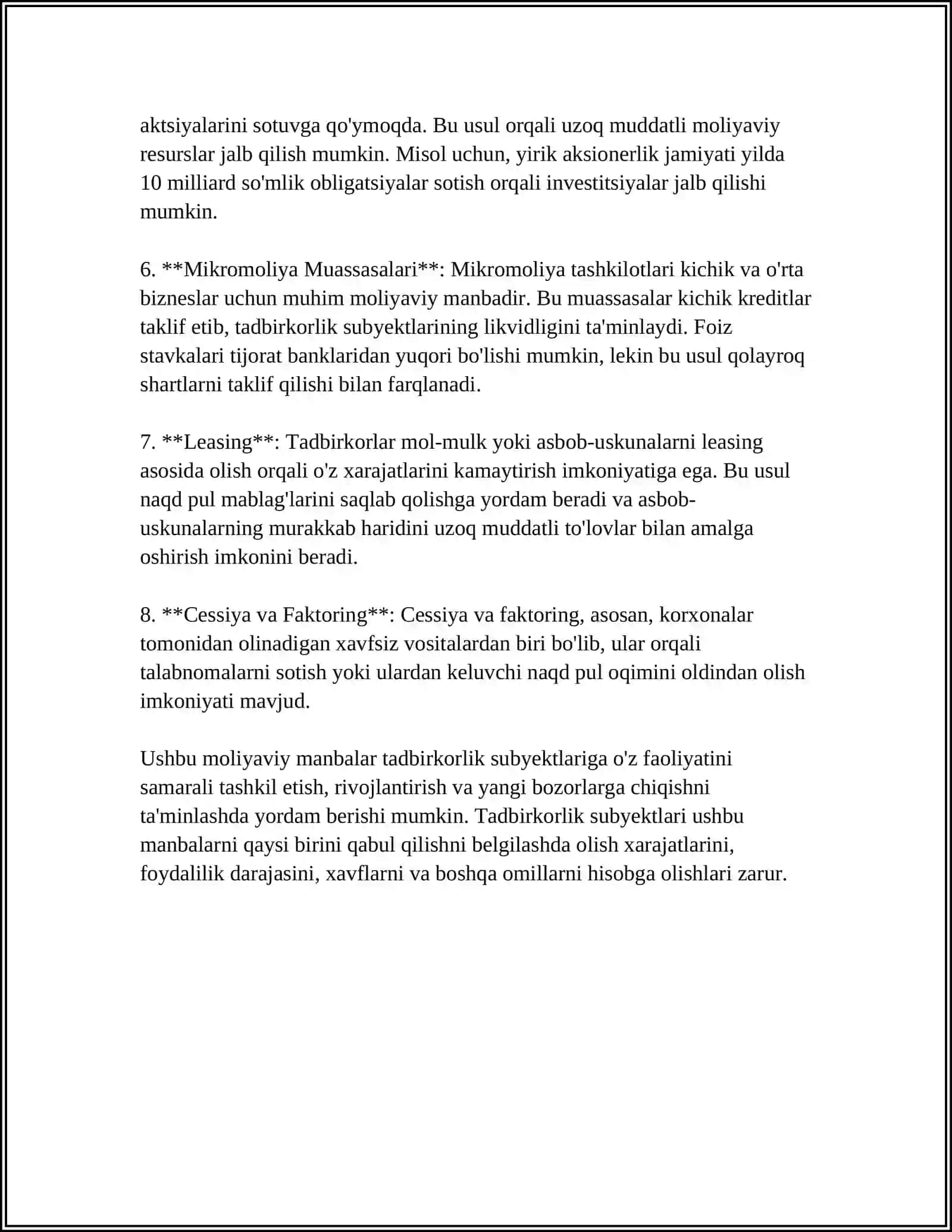 TADBIRKORLIK SUBYEKTLARINI MOLIYALASHTIRISHNING OʻZIGA XOS XUSUSIYATLARI 4