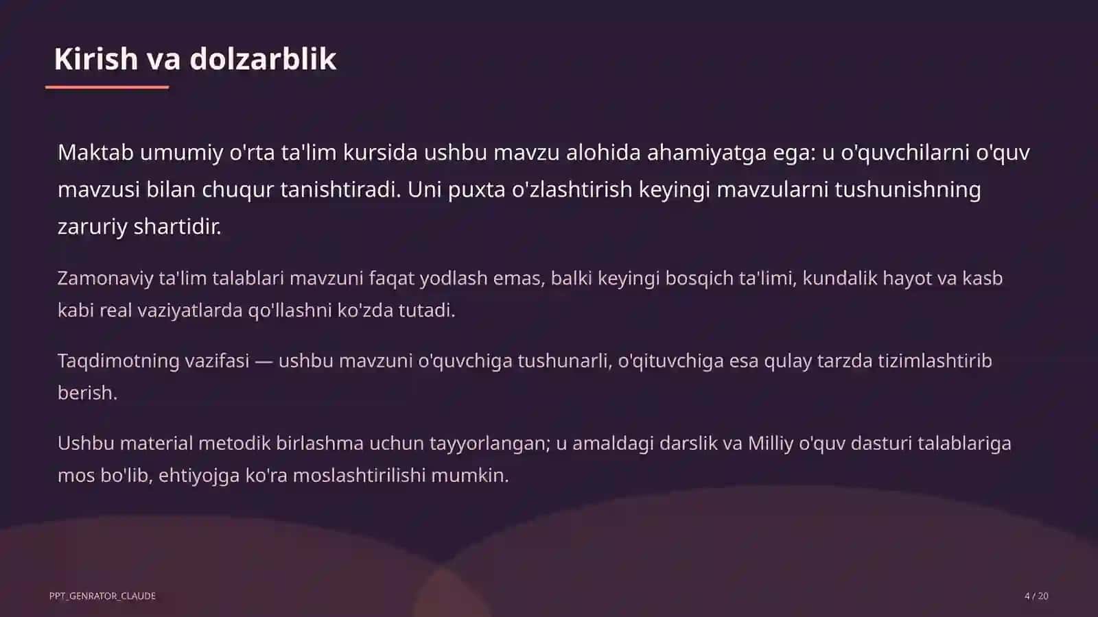 Dolzarb mavzular — maktab va o'qituvchilar (2026) — metodik birlashma 4
