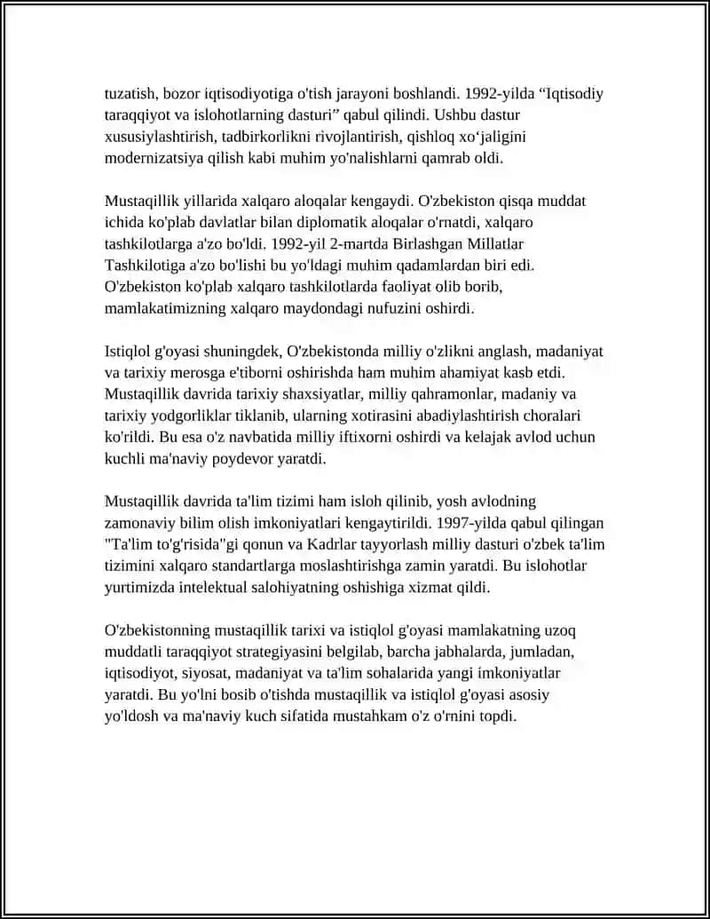 O'ZBEKISTON O'ZIGA XOS ISTIQLOL VA TARAQQIYOT YО‘LI Referat 4