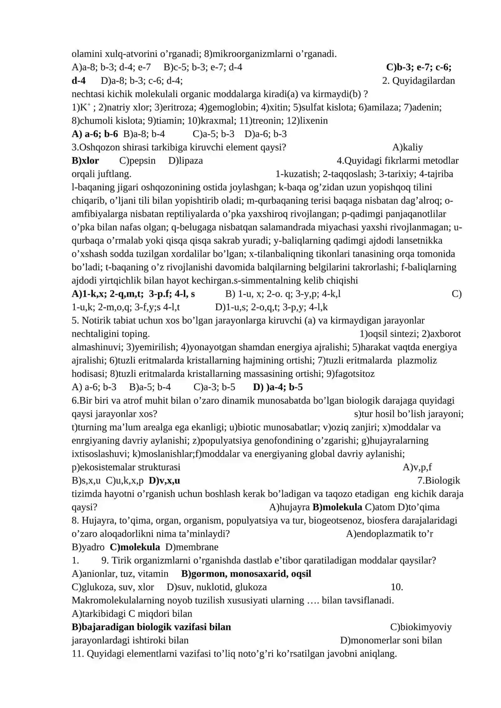 Biologiya fanidan 1200ta mavzulashtirilgan testlar javoblari bilan. 4