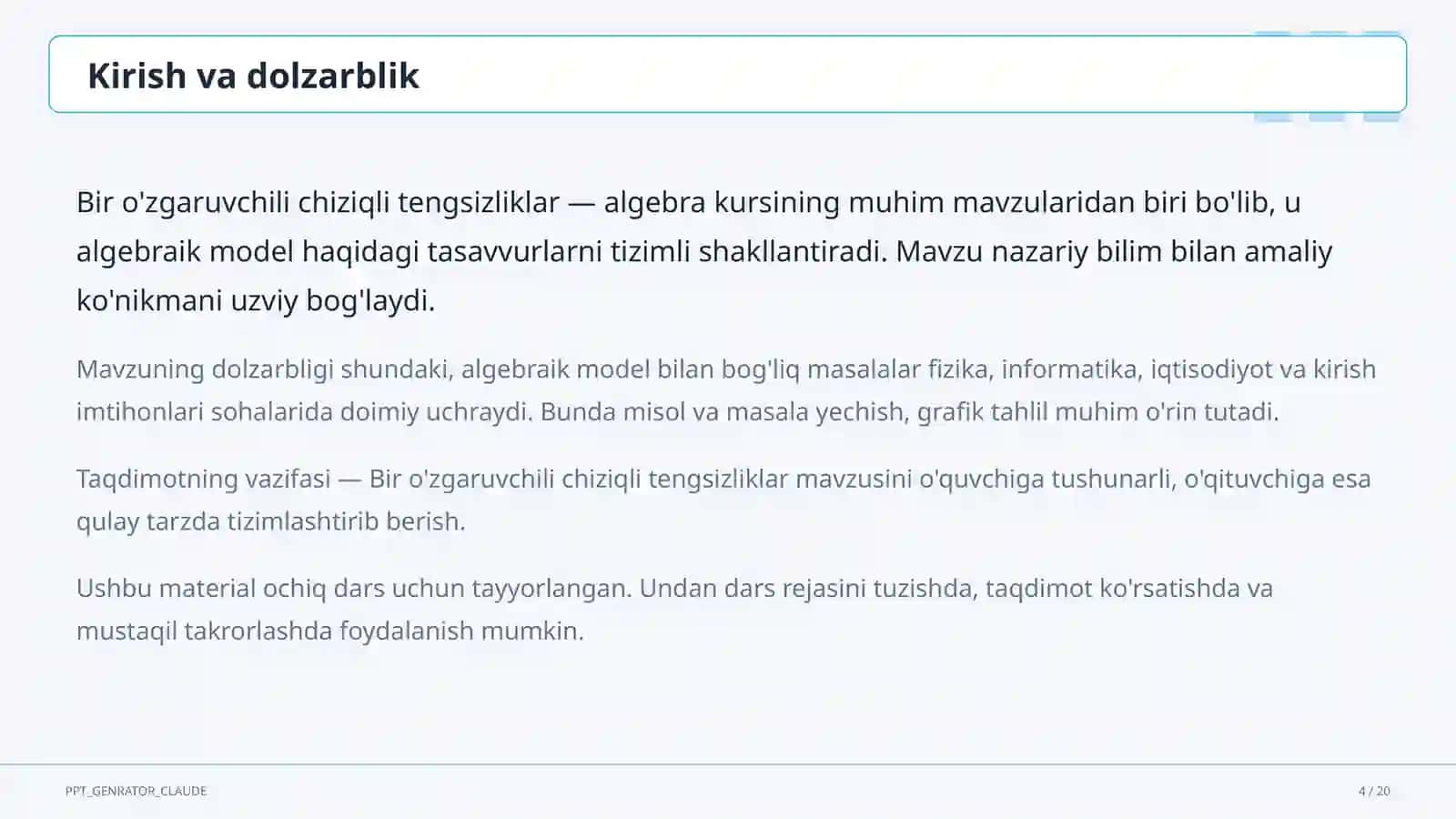 Bir o'zgaruvchili chiziqli tengsizliklar (8-sinf) 4