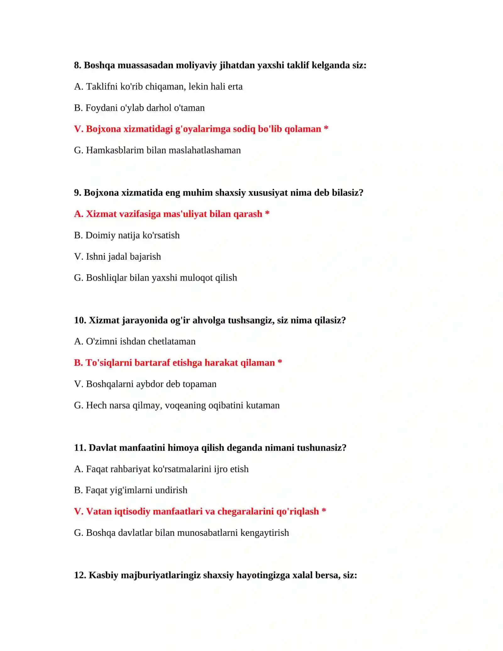 Bojxona ishi fanidan test savollari 4