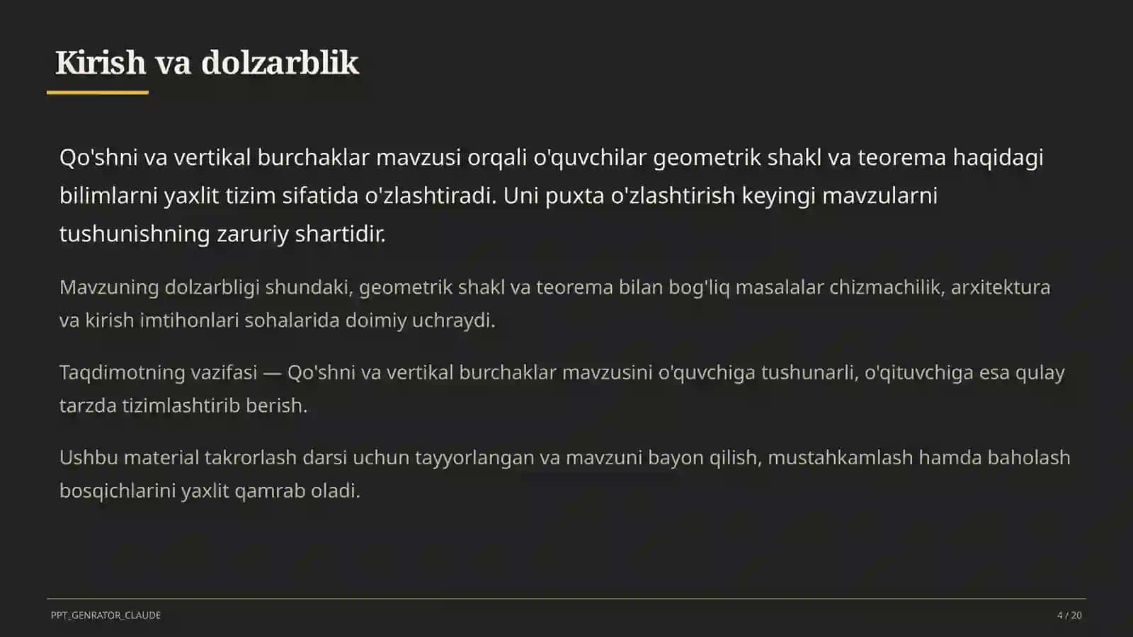 Qo'shni va vertikal burchaklar (7-sinf) 4