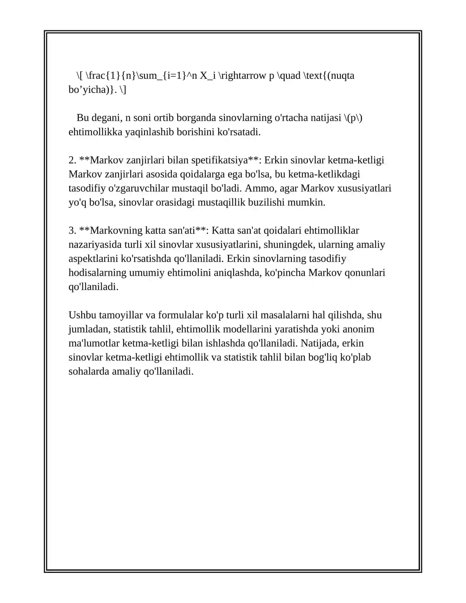 ERKLI SINOVLAR KETMA-KETLIGI,BERNULLI SXEMASI HAMDA LIMIT TEOREMALARIGA DOIR AMALIY TOPSHIRIQLARNI BAJARISH 4