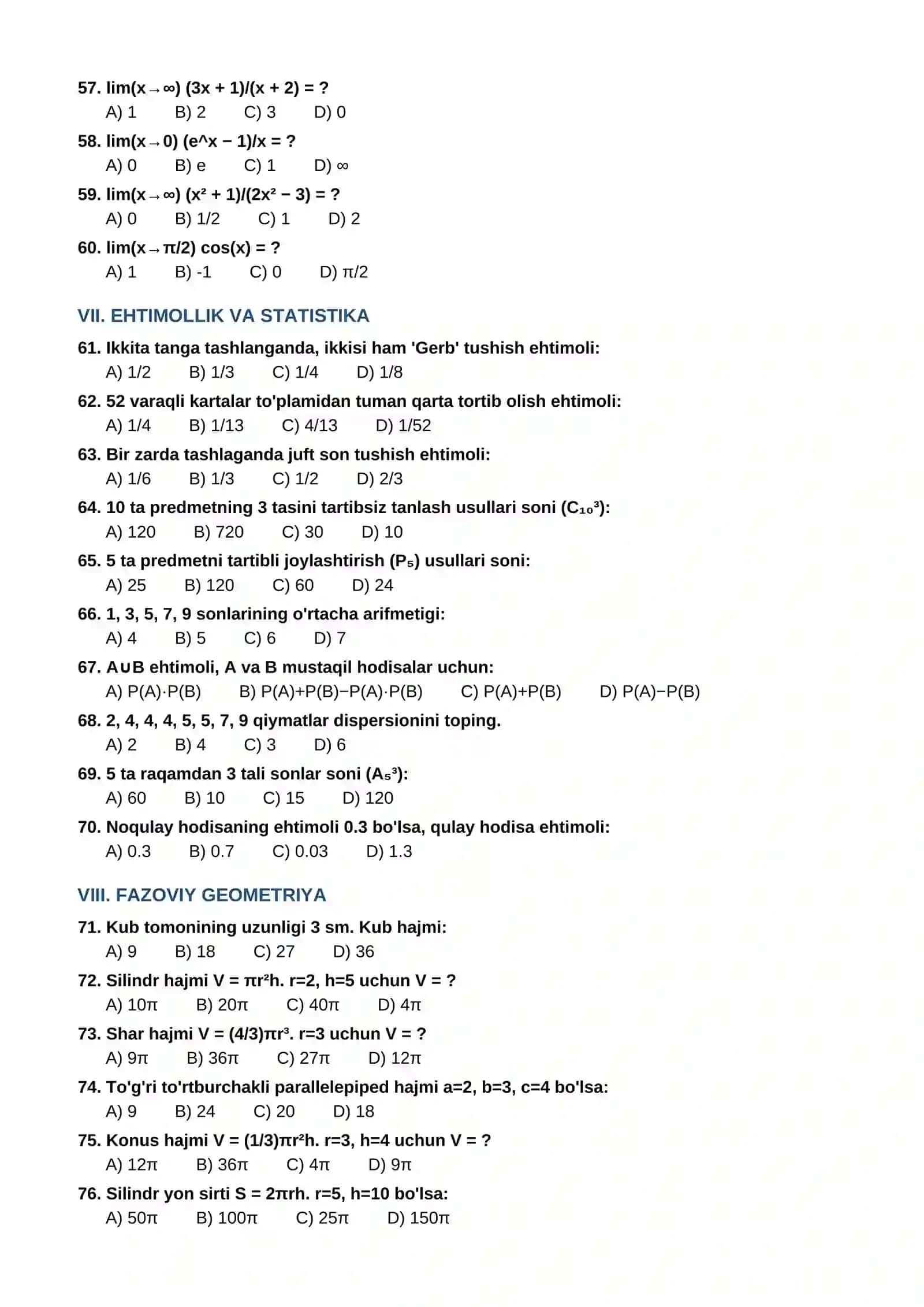 11-SINF MATEMATIKA FANIDAN TEST VARIANTLARI (100 ta savol) 4