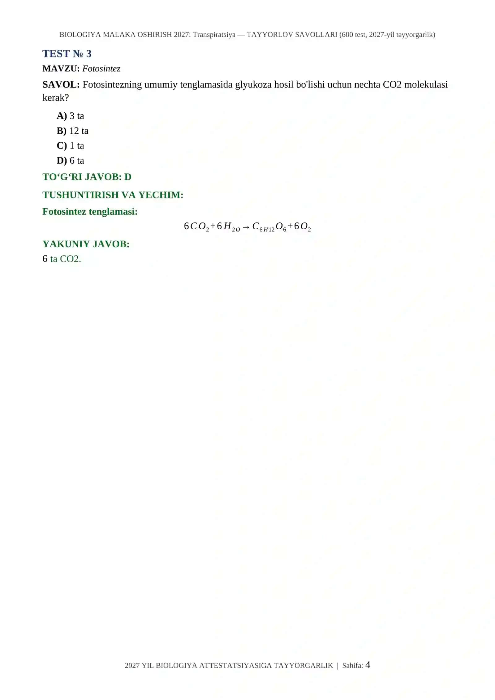 BIOLOGIYA MALAKA OSHIRISH 2027: Transpiratsiya — TAYYORLOV SAVOLLARI (600 test, 2027-yil tayyorgarlik) 4