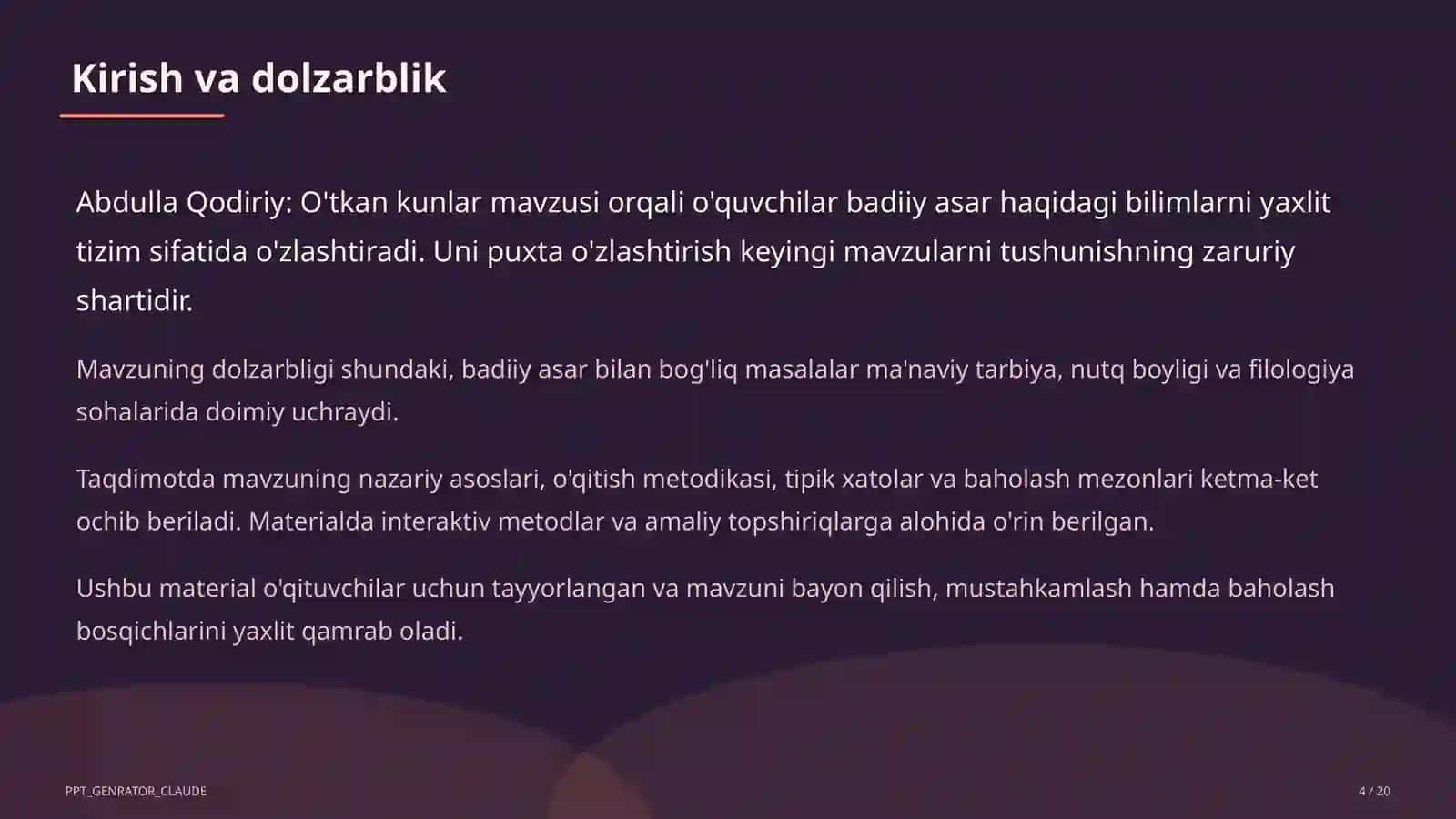 Abdulla Qodiriy: O'tkan kunlar (9-sinf) 4