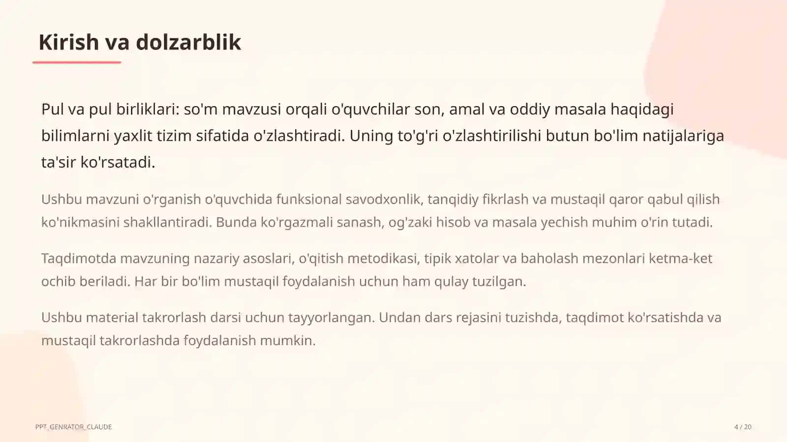 Pul va pul birliklari: so'm (2-sinf) 4