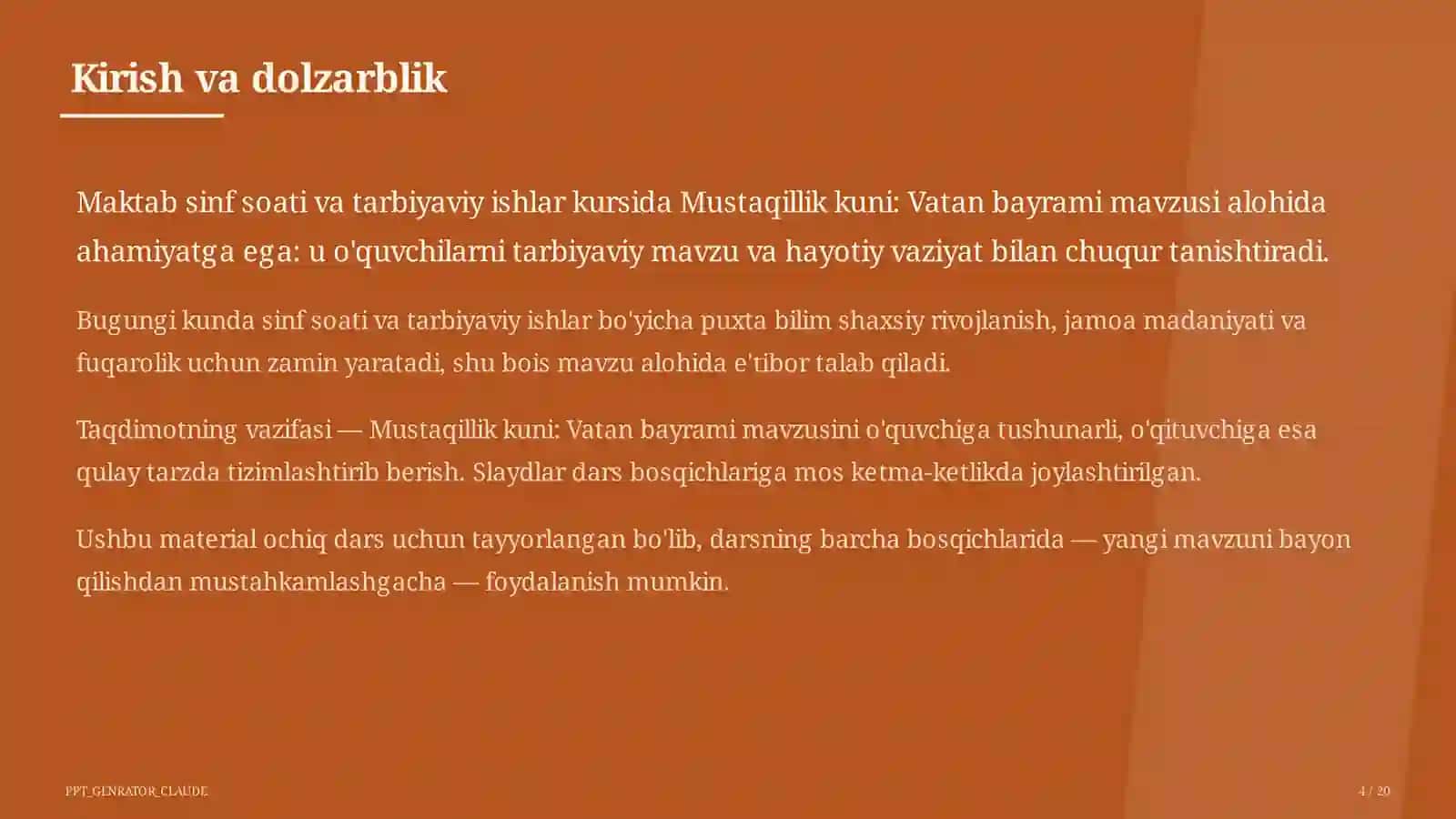 Sinf soati va tarbiyaviy tadbirlar (1-11) - ochiq dars uchun 4