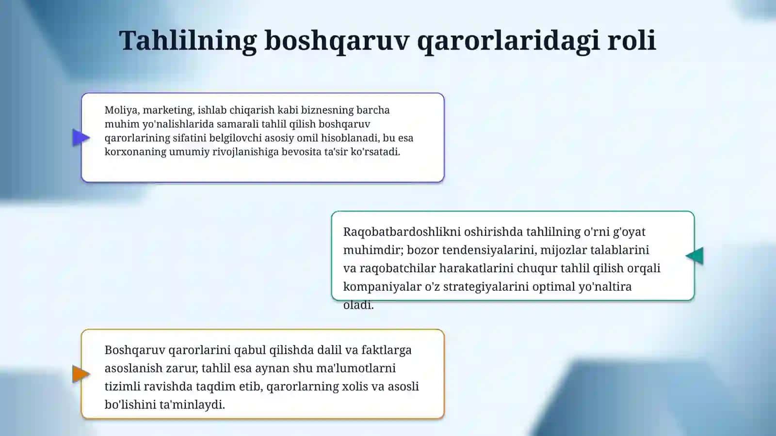 Turli mulkchilik shaklidagi xoʻjalik yurituvchi sub ektlarda boshqaruv qarorlari qabul qilishda tahlilning ahamiyati. 4