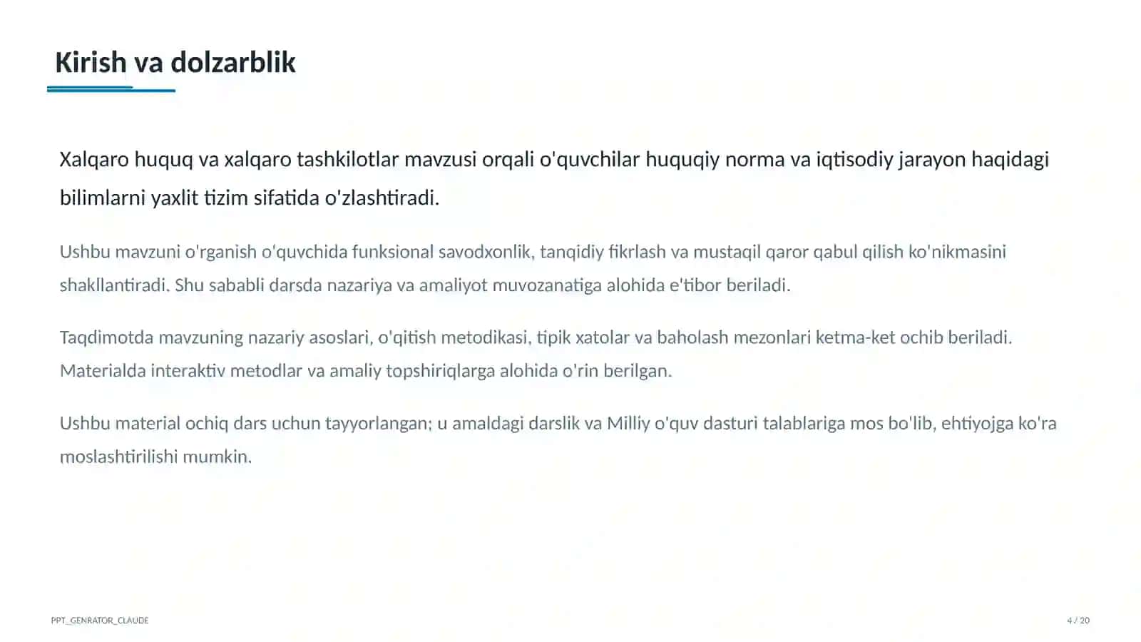 Huquq va iqtisodiyot asoslari (9–11) — ochiq dars uchun 4
