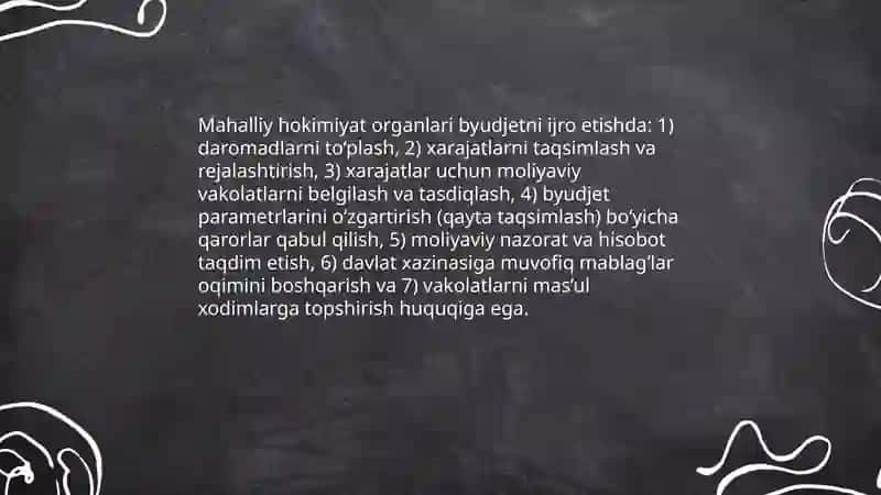 Mahalliy hokimiyat organlarining mahalliy moliyani boshqarishdagi huquq va majburiyatlari 4