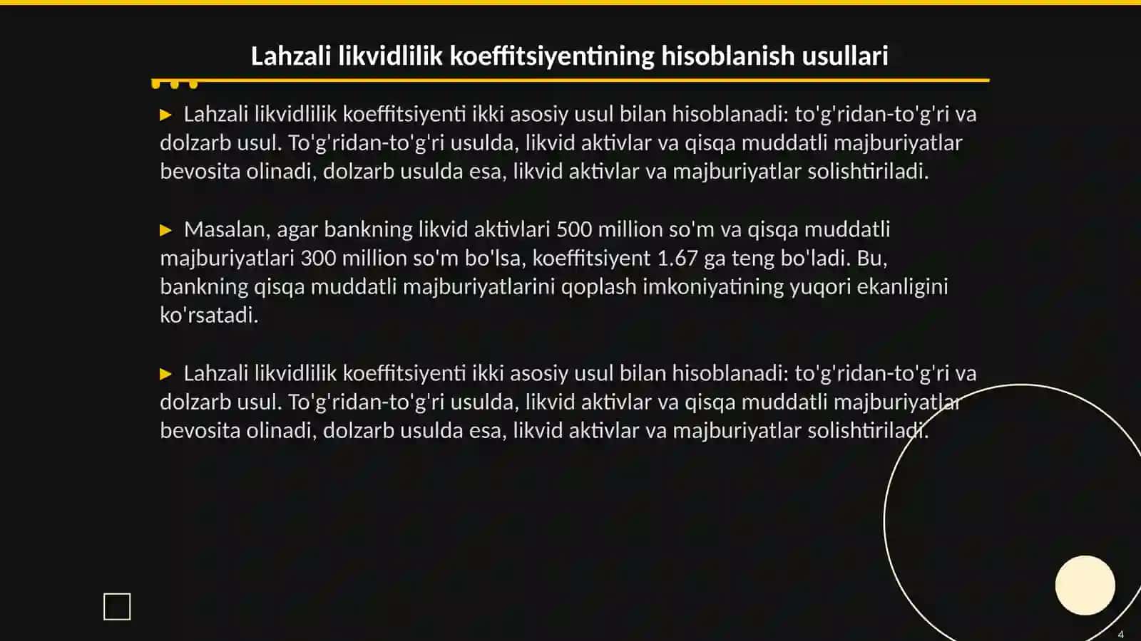 Lahzali likvidlilik koeffitsiyenti va uning hisoblanishi 4