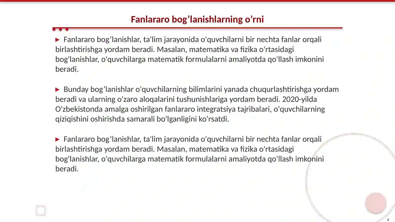 O’quvchilarda kompetensiyalarni shakllantirish fanlar aro bog’lanishlardan foydalanish 4