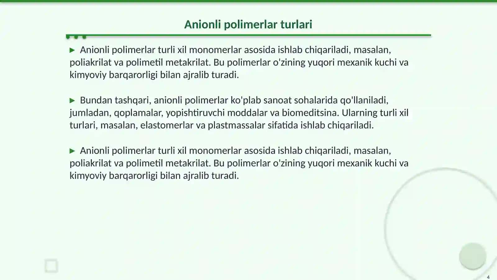 Anionli polimerlanish reaksiyasi va ularning o‘zigахоs хususiyatlari 4