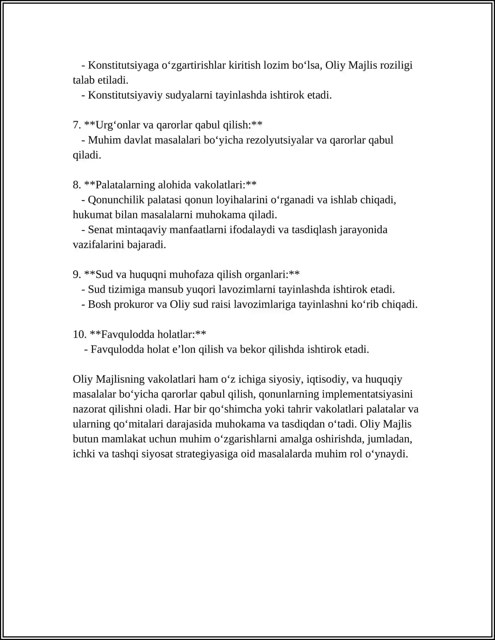 MUSTAQIL ISH Mavzu: O'ZBEKISTON RESPUBLIKASI OLIY MAJLISI 4