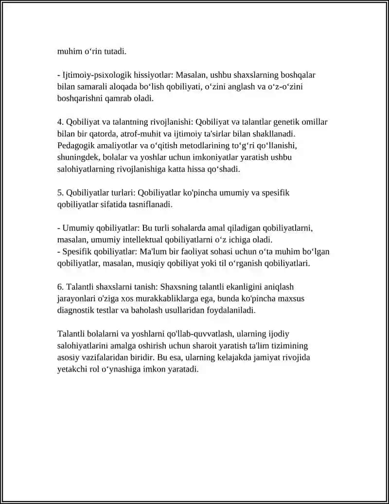 QOBILIYAT VA TALANT UMUMIY PSIXOLOGIYA FANIDAN 20LISTLIK MA’RUZA 4