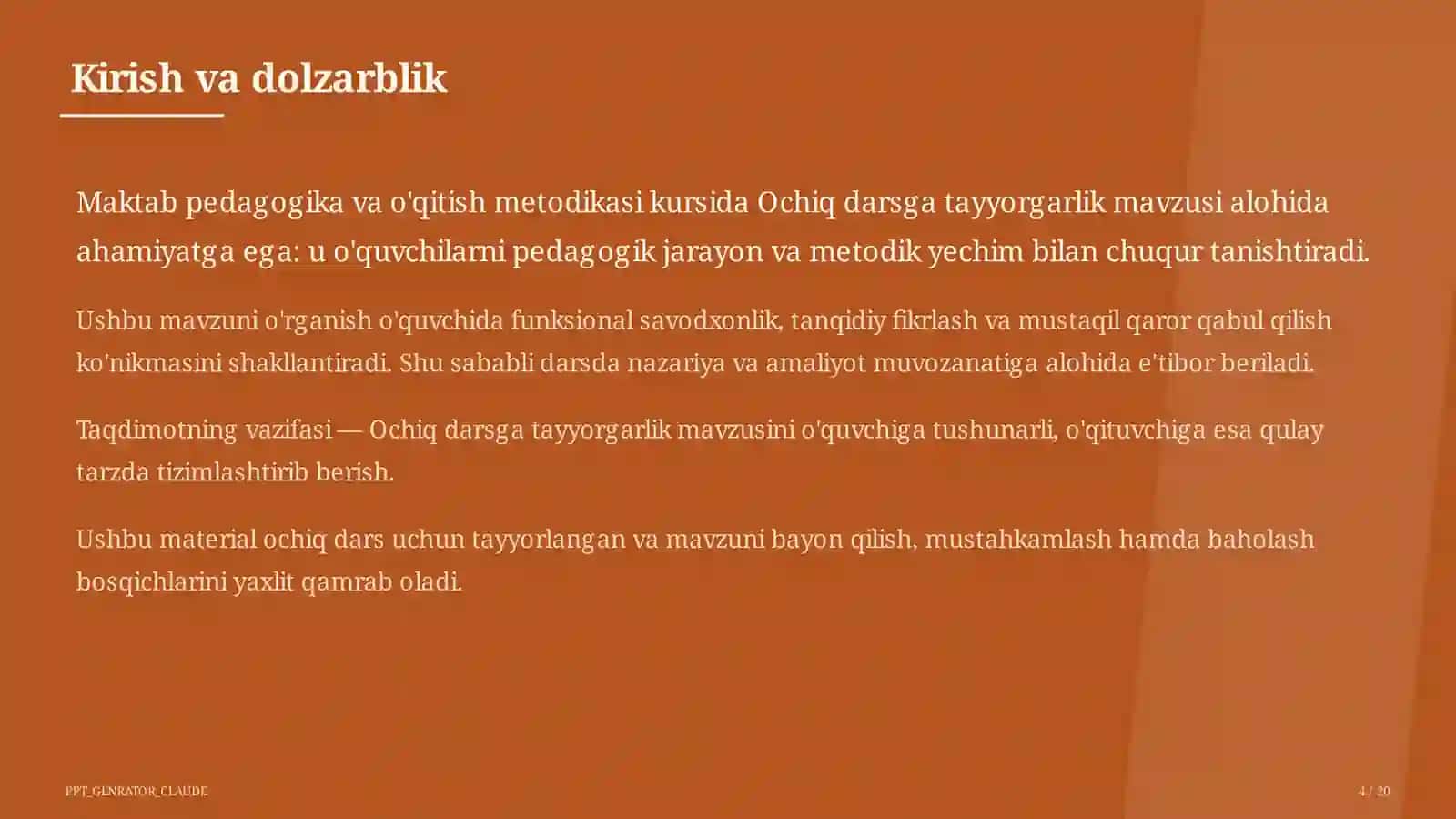 O'qituvchilar uchun: pedagogika va o'qitish metodikasi — ochiq dars uchun 4
