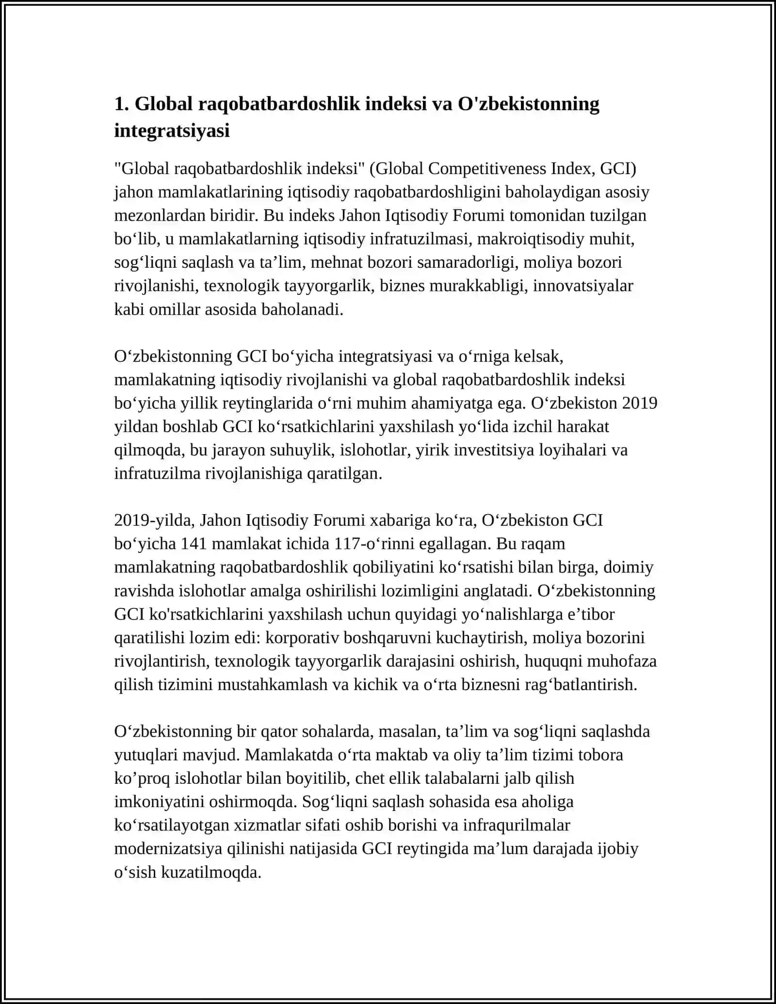 Global raqobatbardoshlik indeksi va O'zbekistonning integratsiyasi 4