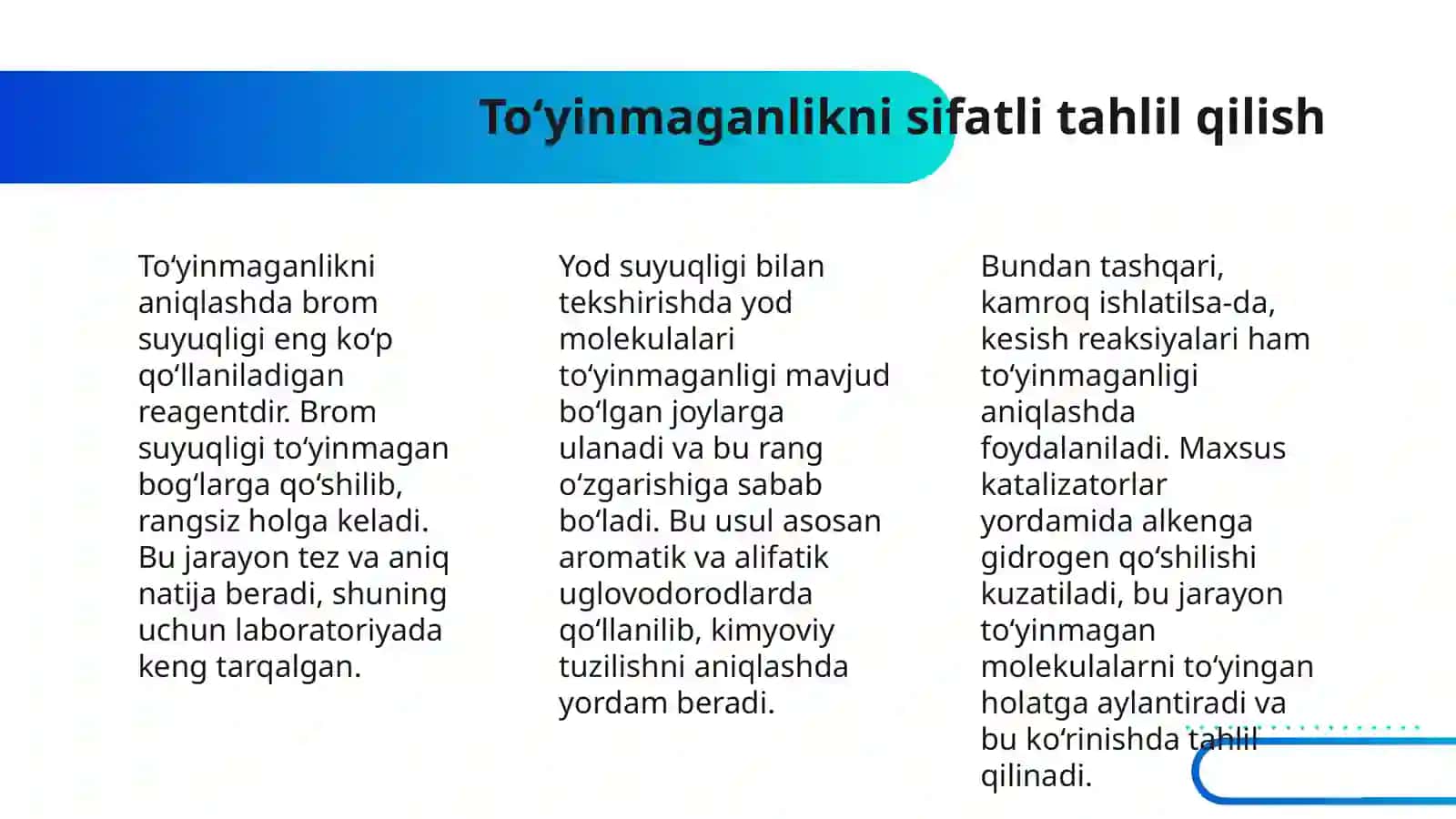 ORGANIK BIRIKMALARNI TO‘YINGAN VA TO‘YINMAGANLIGINI ANIQLASH SIFATIY REAKSIYALARI AROMATIK YADRO VA YON TARMOQNI OKSIDLANISHI. ALDEGID VA KETONLARNI OKSIDLANISH REAKSIYALARI. BIOOB’EKTLARDAGI ATSETONNI ANIQLASH. OKSIDLANISHGA CH3COOH BARQARORLIGI. ETIL SPIRTNI OKSIDLANISHI 4