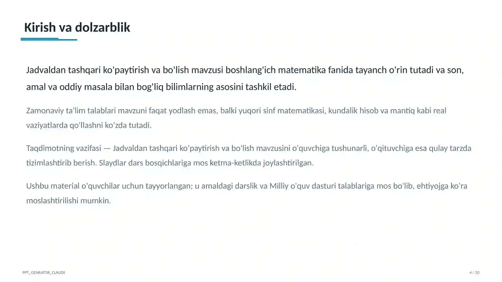 Jadvaldan tashqari ko'paytirish va bo'lish (3-sinf) 4