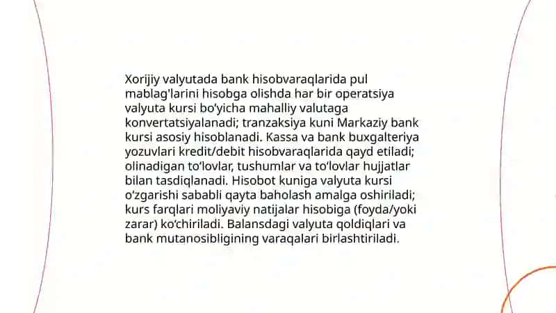 Hisob-kitob va Chet el Valyutasi Schetlaridagi Pul Mablag'lari Bo'yicha Muomalalar Hisobi 4