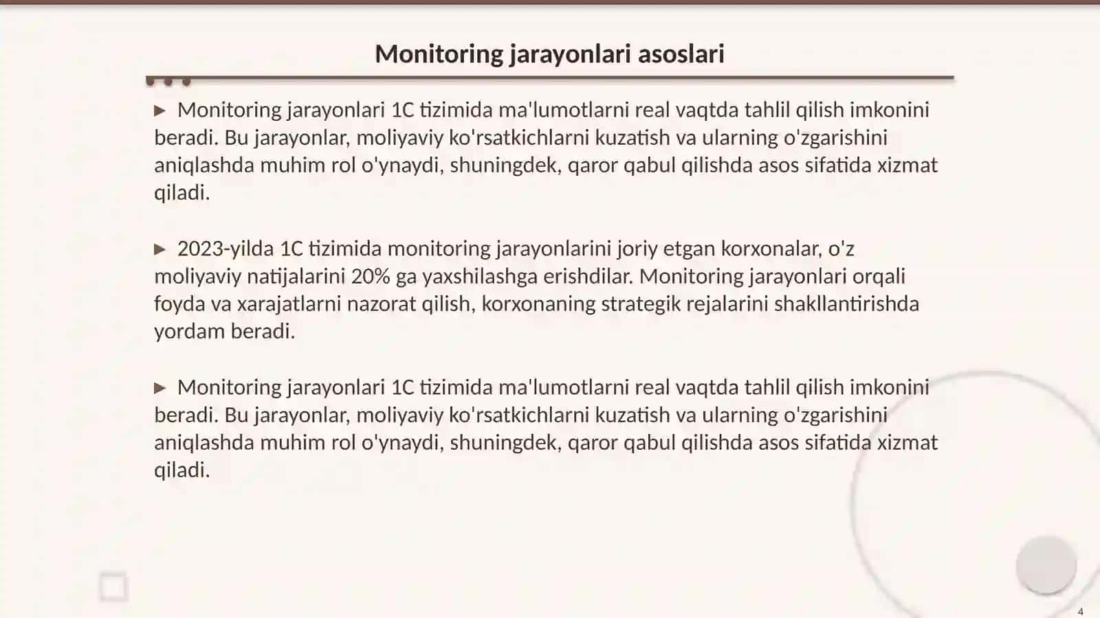 1C da nazorat va monitoring qilish, moliyaviy natijalarni baholash 4