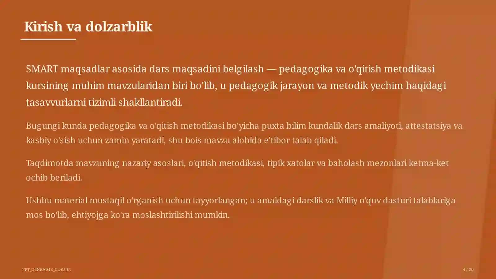 Dars maqsadi va kutilayotgan natijalar 4