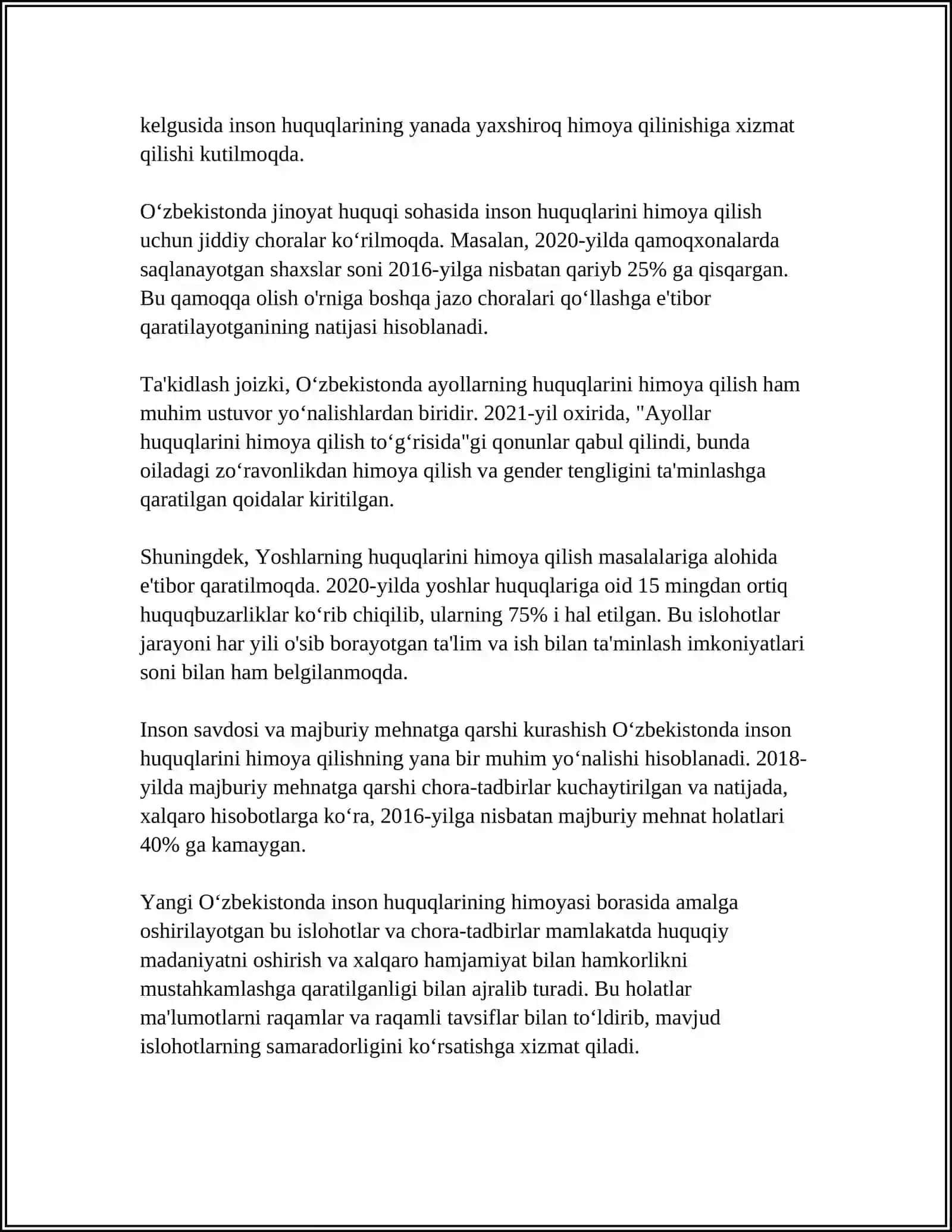 YANGI OʻZBEKISTONDA INSON HAQ-HUQUQLARI VA ERKINLIKLARI KAFOLATINING YARATILISHI 4