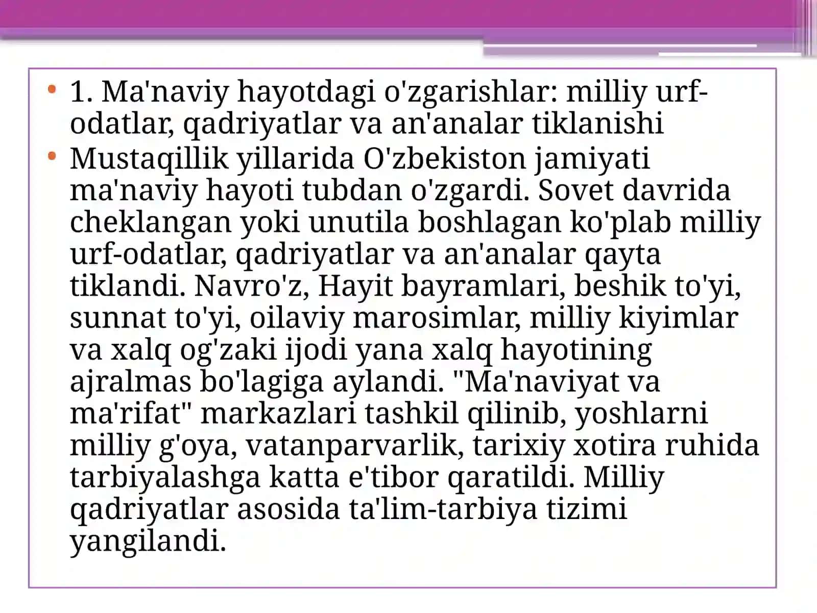 Angren Universiteti Davolash ishi fakultetining 25-3 guruh talabasi Safaraliyeva Mehribonning O'zbekistonning eng yaxshi ta'rixi fanidan ma'naviy hayotdagi o'zgarishlar, madaniy taraqqiyot 4